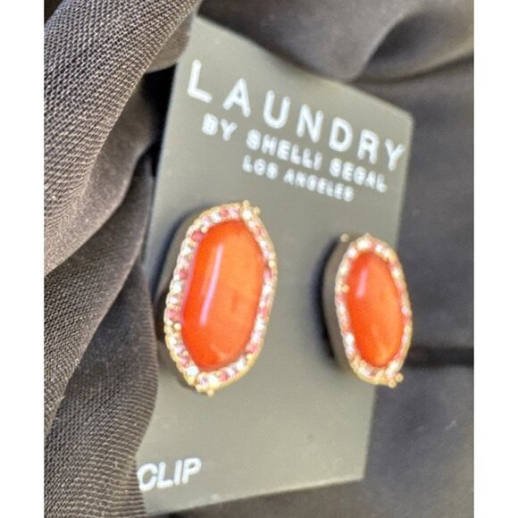 Laundry by Shelli Segal Orange Gold Oval Rhinestone Trim CLIP Earrings NWT - Picture 8 of 8